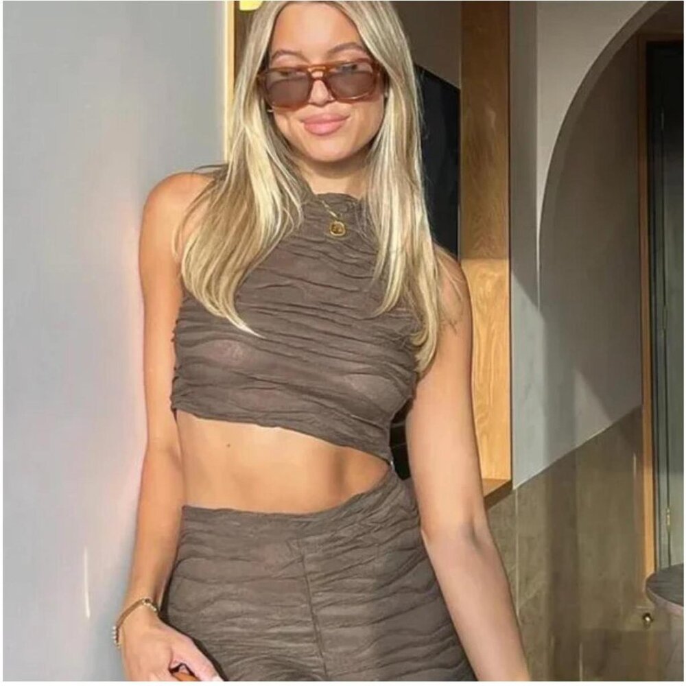 White fox boutique sheer brown crop top